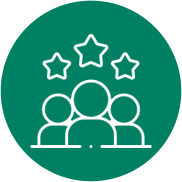 Green circle icon with outlines of three people in white with stars above their heads