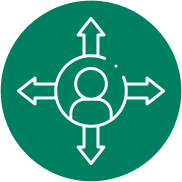 Green circle icon with person and 4 arrows