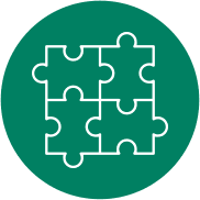 Green circle icon of 4 puzzle pieces connected together