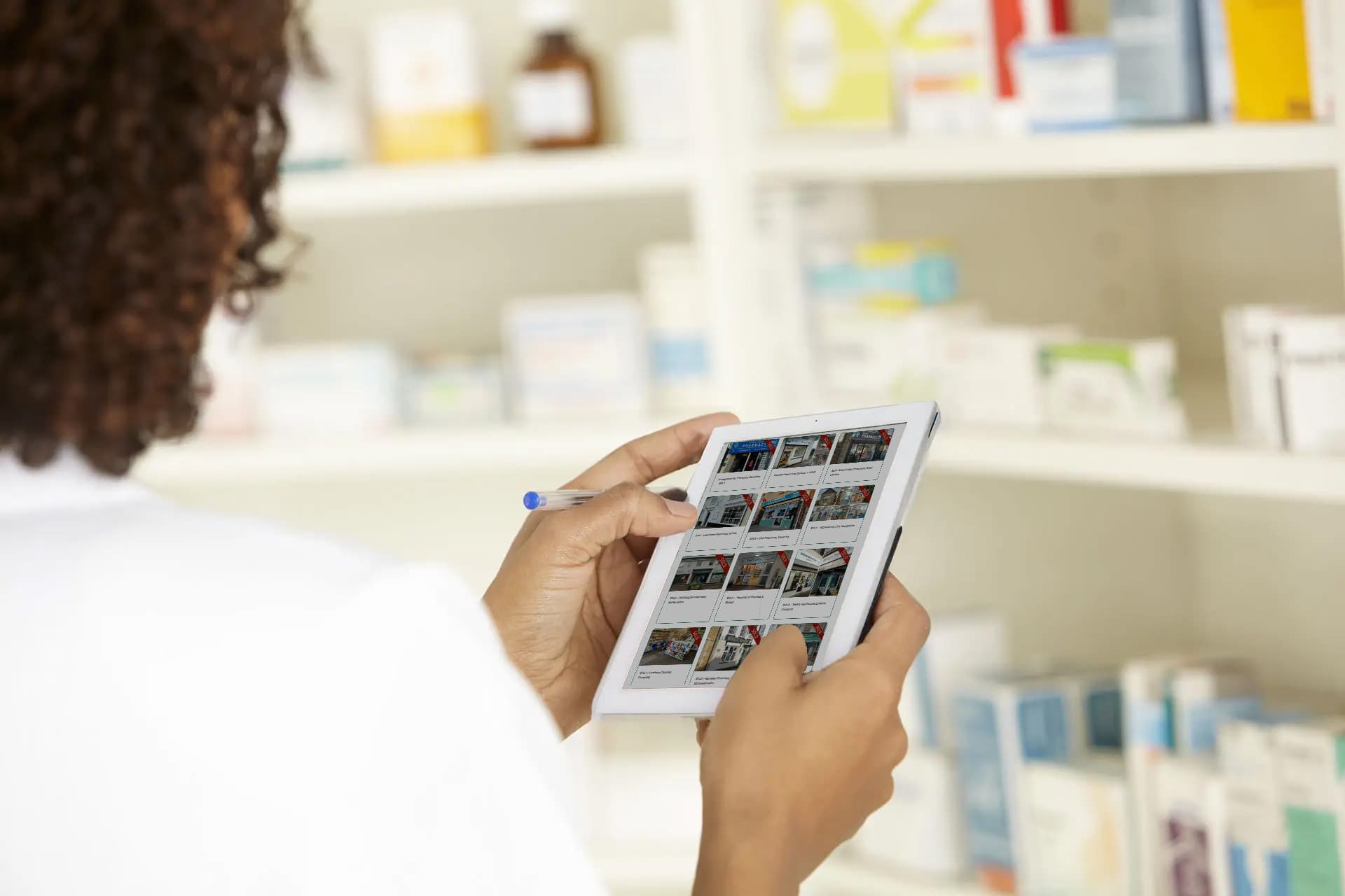 Pharmacist looking at pharamacies for sale on an tablet